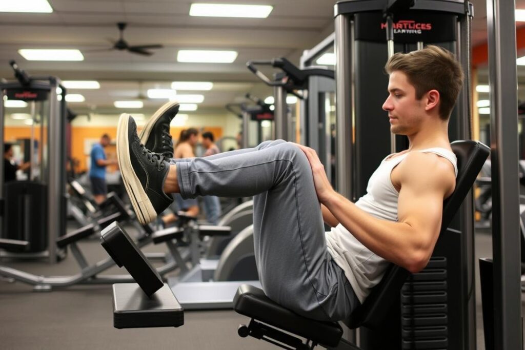 Anfänger an der Beinpresse beim Zirkeltraining im Fitnessstudio
