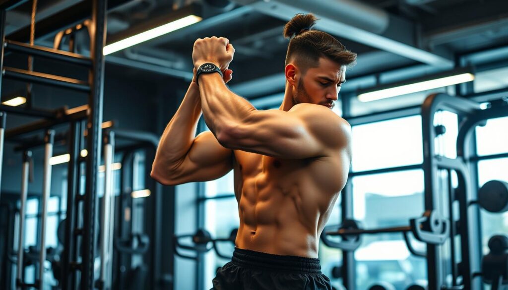 Fortgeschrittener Athlet beim intensiven Zirkeltraining im Fitnessstudio
