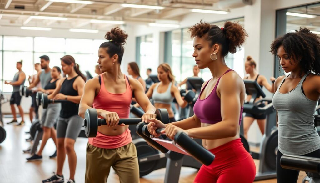 Gruppe beim Zirkeltraining im Fitnessstudio mit verschiedenen Stationen