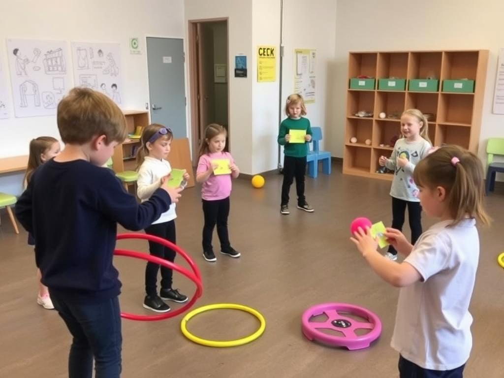 Kinder beim Koordinationstraining mit Stationskarten