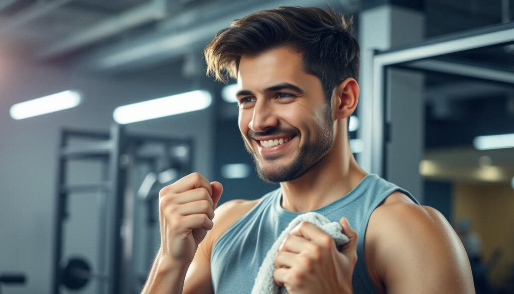 Motivierte Person nach erfolgreichem Zirkeltraining im Fitnessstudio