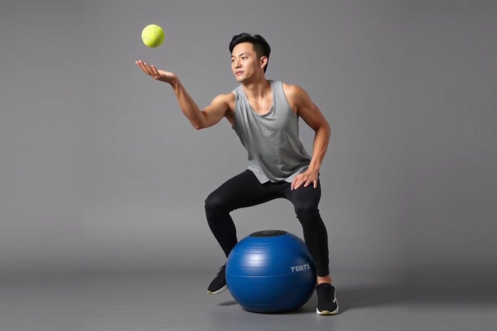 Person balanciert auf einem Medizinball und wirft einen Tennisball