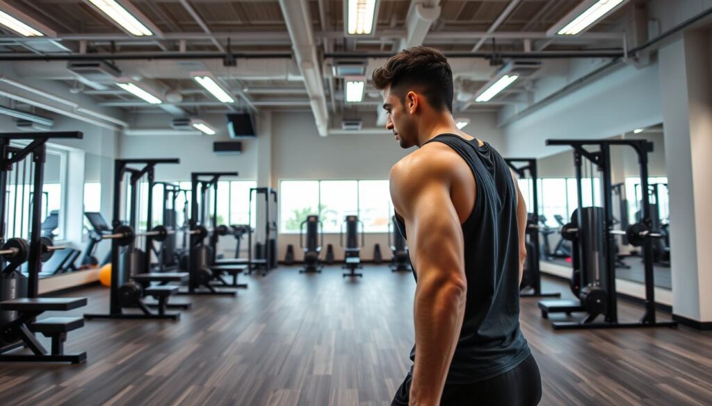 Person beim Zirkeltraining im Fitnessstudio mit verschiedenen Geräten