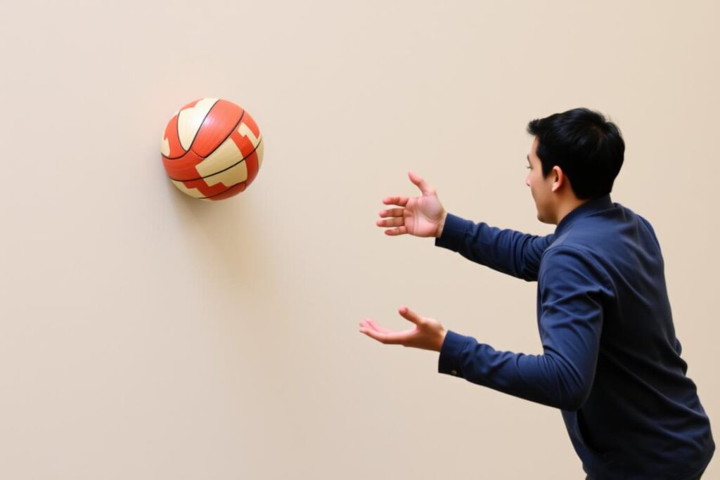 Person fängt einen Reaktionsball nach Wandabprall