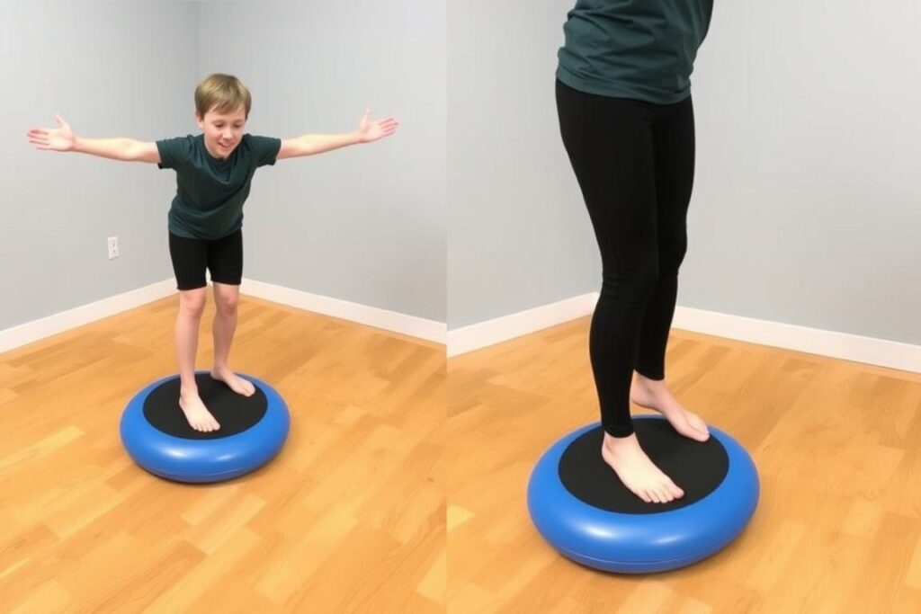 Person führt Hampelmänner auf einem Balance-Pad durch