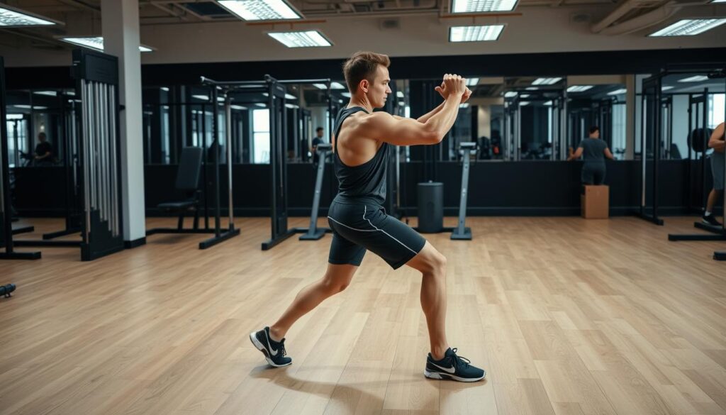 Person führt Zirkeltraining Übungen in einer Sporthalle durch