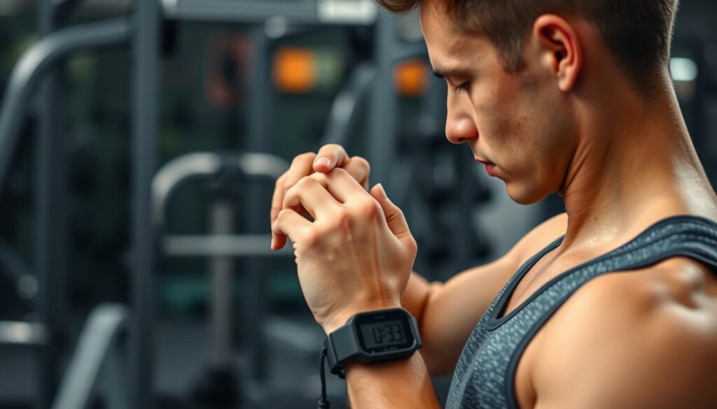 Person mit Stoppuhr beim Zirkeltraining Person mit Stoppuhr beim Zirkeltraining