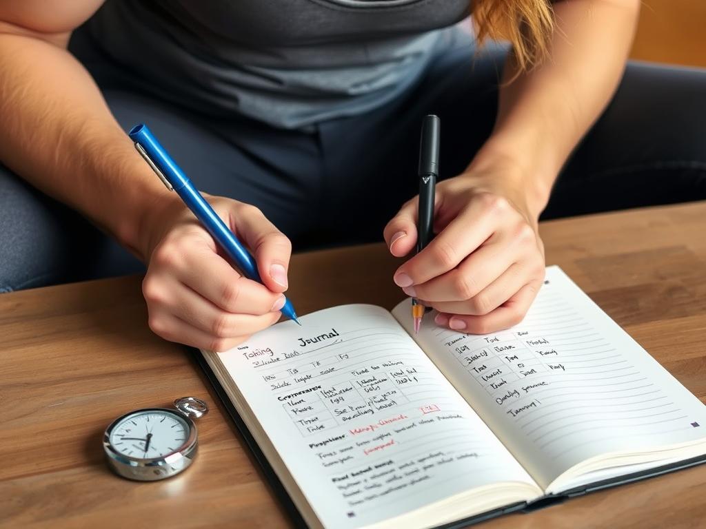 Person notiert Fortschritte beim Zirkeltraining ohne Geräte in einem Trainingsjournal