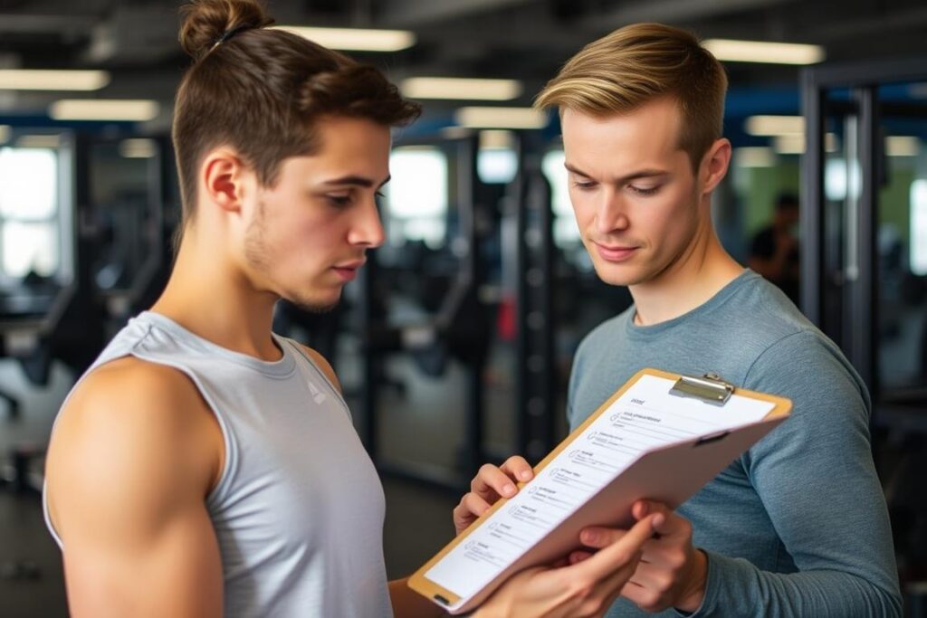 Person überprüft Trainingsplan für Zirkeltraining im Fitnessstudio