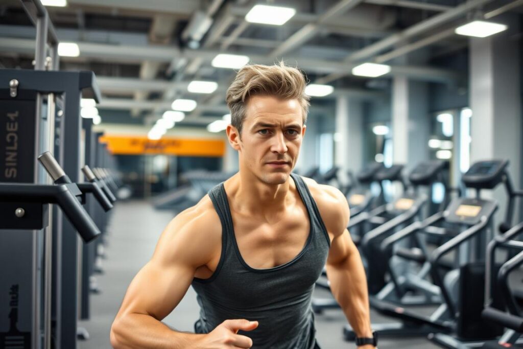 Person wechselt zwischen Stationen beim Zirkeltraining im Fitnessstudio