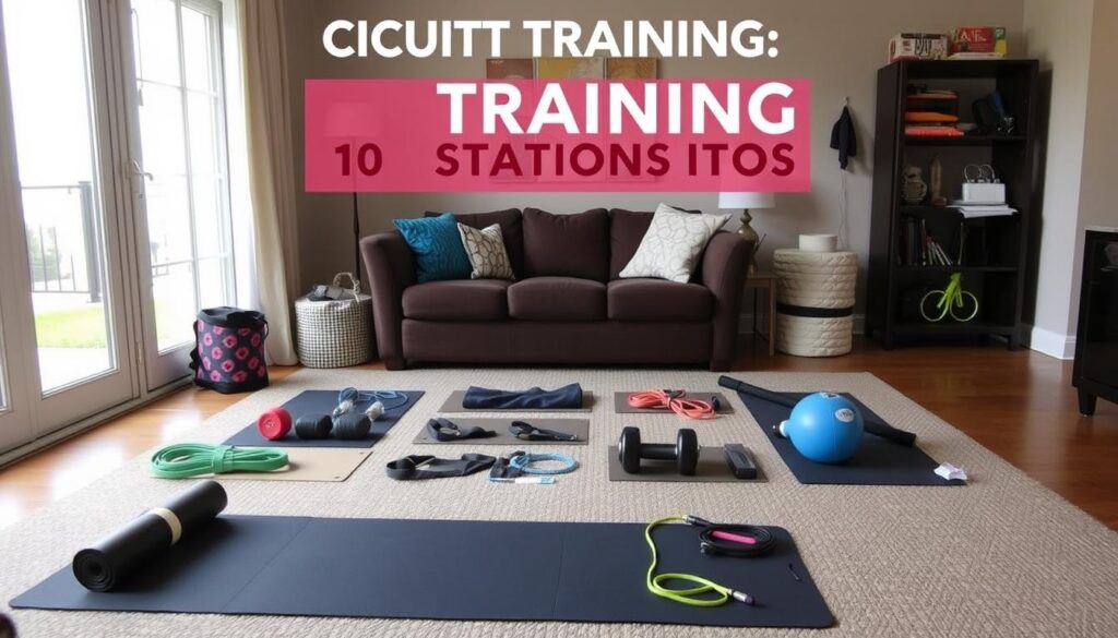 Zirkeltraining Stationen für zu Hause aufgebaut Zirkeltraining Stationen für zu Hause aufgebaut