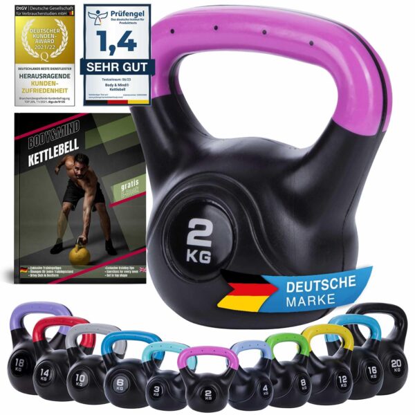 Body & Mind® Kettlebell Kugelhantel 2-20 kg - Workout Gewicht-Hantel für Kraft-Training - Profi Fitness Schwunghantel aus Kunststoff