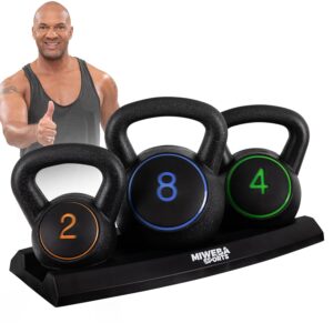 Miweba Sports Kettlebell | Hanteln Set - Gewichte 2 | 4 | 8 kg - Kettlebell Set - Hantel Set - Kettlebells - Fitness Zubehör inkl. Ablage - Krafttraining - Kugelhantel -...