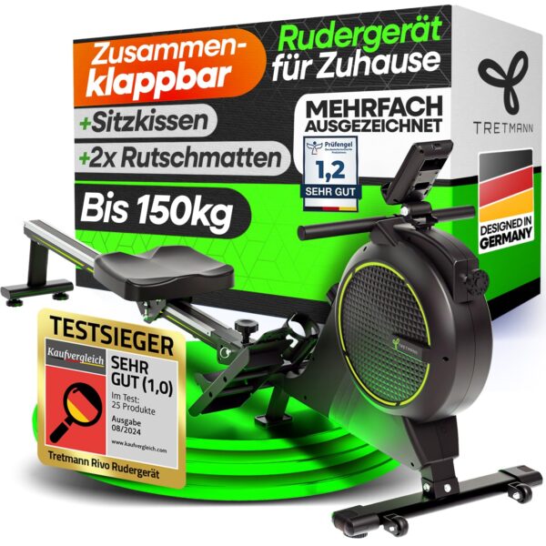 NEU Tretmann Rudergerät für Zuhause Set - extra leise- [Wirbelstrombremse2.0] bis 150KG DEKRA geprüft | patentiert ErgoKonzept | Rudergerät Magnet Rudermaschine Rudergeräte...