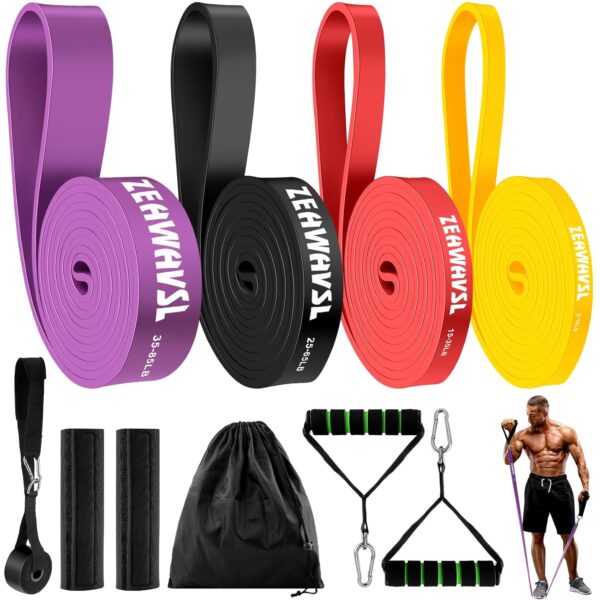 Zeawavsl Resistance Bands, 4 Fitnessbänder Widerstandsstufen, Krafttraining mit Tragetasche, Griffen, Schutzhüllen und Türankern, Widerstandsbänder für Dehnung, Fitness,...